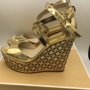 Michael Kors Metallic Gold Logo-Embellished Wedge Sandals